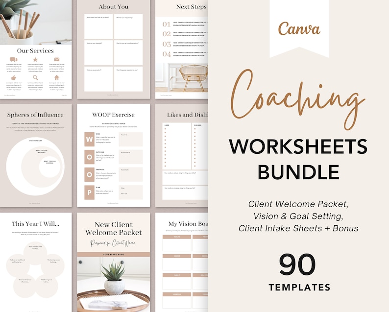 May include: A digital product bundle for coaches, featuring 90 templates for client welcome packets, vision and goal setting, and client intake sheets. The bundle includes worksheets with titles like "About You", "Next Steps", "WOOP Exercise", "Likes and Dislikes", "Spheres of Influence", "This Year I Will...", "New Client Welcome Packet", and "My Vision Board".