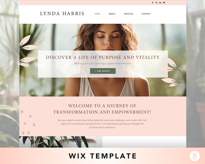 Pode incluir: Uma p&aacute;gina inicial de site para um coach de vida chamado Lynda Harris. O site apresenta um esquema de cores rosa e branco com uma foto de uma mulher com os olhos fechados. O texto "Discover a Life of Purpose and Vitality" &eacute; exibido em uma fonte grande. O texto "Wellness and Life Coaching to Ignite Inner Potential" &eacute; exibido em uma fonte menor. O texto "I Am Ready" &eacute; exibido em um bot&atilde;o.