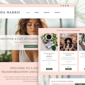 Pode incluir: Uma p&aacute;gina inicial de um site para um coach de vida chamado Lynda Harris. O site apresenta um esquema de cores rosa e verde e inclui um chamado &agrave; a&ccedil;&atilde;o para "Descobrir uma vida com prop&oacute;sito". O site tamb&eacute;m apresenta uma se&ccedil;&atilde;o sobre "Nossos pacotes exclusivos" com tr&ecirc;s pacotes de coaching diferentes: Coaching de desenvolvimento pessoal, Oficina de defini&ccedil;&atilde;o de metas e Semin&aacute;rio de gerenciamento de tempo.