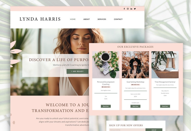 Pode incluir: Uma p&aacute;gina inicial de um site para um coach de vida chamado Lynda Harris. O site apresenta um esquema de cores rosa e verde e inclui um chamado &agrave; a&ccedil;&atilde;o para "Descobrir uma vida com prop&oacute;sito". O site tamb&eacute;m apresenta uma se&ccedil;&atilde;o sobre "Nossos pacotes exclusivos" com tr&ecirc;s pacotes de coaching diferentes: Coaching de desenvolvimento pessoal, Oficina de defini&ccedil;&atilde;o de metas e Semin&aacute;rio de gerenciamento de tempo.