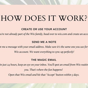 Pode incluir: Um gr&aacute;fico rosa e branco com o texto "COMO FUNCIONA?" e instru&ccedil;&otilde;es sobre como criar uma conta e enviar uma mensagem para receber um e-mail do Wix.