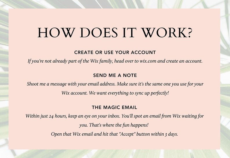 Pode incluir: Um gr&aacute;fico rosa e branco com o texto "COMO FUNCIONA?" e instru&ccedil;&otilde;es sobre como criar uma conta e enviar uma mensagem para receber um e-mail do Wix.