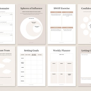 May include: A printable worksheet set with a beige background and black text. The worksheets include titles such as "Questionnaire", "Spheres of Influence", "SWOT Exercise", "Confidence Booster", "My Dream Team", "Setting Goals", "Weekly Planner", and "Letting Go Exercise".
