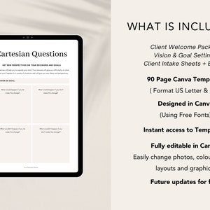 May include: A digital tablet displaying a worksheet titled "Cartesian Questions: Get New Perspectives on Your Decisions and Goals". The worksheet is divided into four sections with prompts for decision-making. The text on the right side of the image lists the contents of a digital product, including 90 page Canva templates, designed in Canva using free fonts, instant access to templates, fully editable in Canva, easily change photos, colors, fonts, layouts and graphics, and future updates for free.
