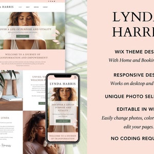 Pode incluir: Um modelo de design de site web rosa e branco para um treinador de bem-estar ou um treinador de vida. O modelo apresenta uma foto de uma mulher com o texto "Discover a life of purpose and vitality" e "Welcome to a journey of transformation and empowerment!" O modelo &eacute; projetado para Wix e inclui p&aacute;ginas de in&iacute;cio e de reserva. O modelo &eacute; responsivo e funciona em dispositivos de desktop e m&oacute;veis. O modelo &eacute; edit&aacute;vel no Wix e n&atilde;o requer codifica&ccedil;&atilde;o.
