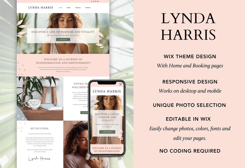 Pode incluir: Um modelo de design de site web rosa e branco para um treinador de bem-estar ou um treinador de vida. O modelo apresenta uma foto de uma mulher com o texto "Discover a life of purpose and vitality" e "Welcome to a journey of transformation and empowerment!" O modelo &eacute; projetado para Wix e inclui p&aacute;ginas de in&iacute;cio e de reserva. O modelo &eacute; responsivo e funciona em dispositivos de desktop e m&oacute;veis. O modelo &eacute; edit&aacute;vel no Wix e n&atilde;o requer codifica&ccedil;&atilde;o.