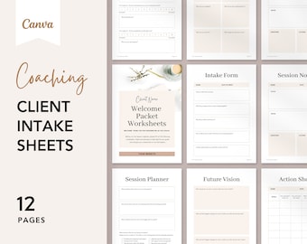 May include: A set of 12 printable coaching client intake sheets. The sheets are designed to help coaches gather information from their clients, including their goals, values, and challenges. The sheets are in a minimalist style with a beige background and black text.