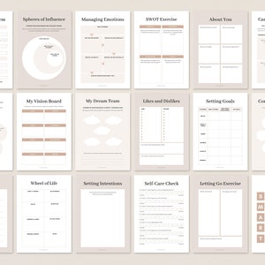 May include: A printable worksheet with a beige background and black text. The worksheet is divided into sections with titles such as "Client Intake Form", "Spheres of Influence", "Managing Emotions", "SWOT Exercise", "About You", "Cartesian Questions", "This Year I Will", "My Vision Board", "My Dream Team", "Likes and Dislikes", "Setting Goals", "Confidence Booster", "Problem List", "Wheel of Life", "Setting Intentions", "Self-Care Check", "Letting Go Exercise", and "Smart Goals".