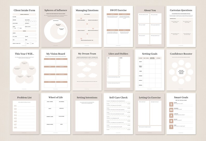 May include: A printable worksheet with a beige background and black text. The worksheet is divided into sections with titles such as "Client Intake Form", "Spheres of Influence", "Managing Emotions", "SWOT Exercise", "About You", "Cartesian Questions", "This Year I Will", "My Vision Board", "My Dream Team", "Likes and Dislikes", "Setting Goals", "Confidence Booster", "Problem List", "Wheel of Life", "Setting Intentions", "Self-Care Check", "Letting Go Exercise", and "Smart Goals".