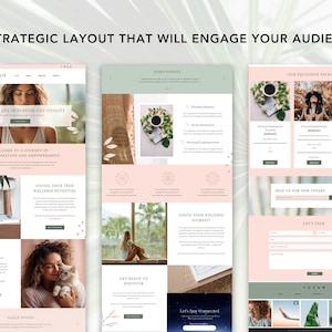Pode incluir: Mockup de site web para um treinador de bem-estar, com um esquema de cores rosa e verde com imagens de plantas, caf&eacute; e uma mulher segurando um gato. O texto no site web inclui "Descubra uma vida de prop&oacute;sito e vitalidade", "Bem-vindo a uma jornada de transforma&ccedil;&atilde;o e empoderamento" e "Revele seu verdadeiro potencial de bem-estar".