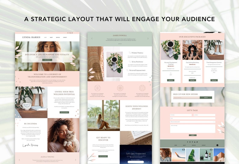 Pode incluir: Mockup de site web para um treinador de bem-estar, com um esquema de cores rosa e verde com imagens de plantas, caf&eacute; e uma mulher segurando um gato. O texto no site web inclui "Descubra uma vida de prop&oacute;sito e vitalidade", "Bem-vindo a uma jornada de transforma&ccedil;&atilde;o e empoderamento" e "Revele seu verdadeiro potencial de bem-estar".
