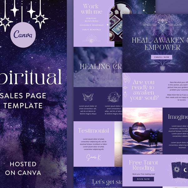 Modèle de page de vente spirituelle pour Canva, modèle de cours en ligne, modèle de page d'atterrissage de vente, modèle de site Web Canva