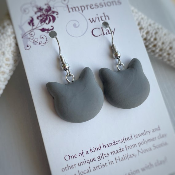 Light Grey Drop Cat Earrings from Impressions with Clay | Polymer Clay