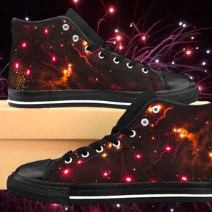 Men’s Cosmic Orange High Top Sneakers – Stardust Fireworks Canvas Shoes – Custom Vans Style – Bold Streetwear Gift for Him