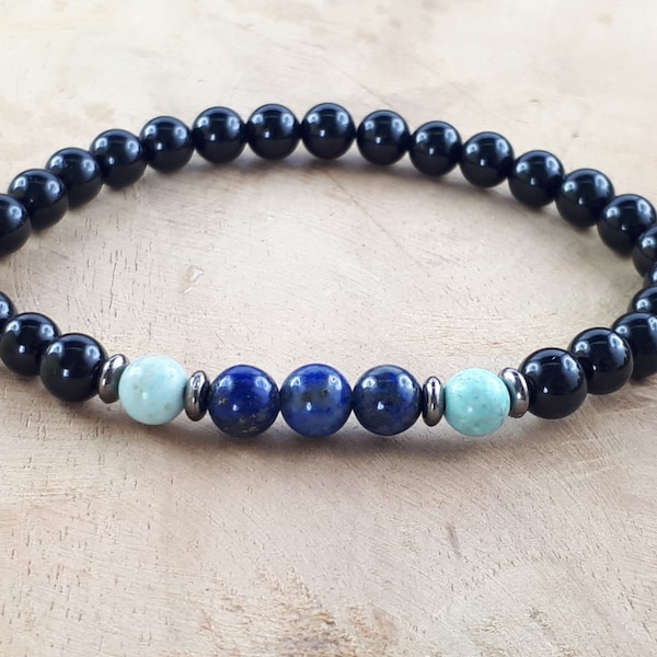 Bracelet Tourmaline noire - Lapis lazuli - Turquoise véritable - Pierres Naturelles 6 mm