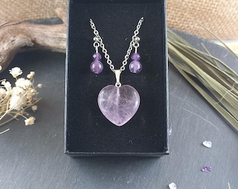 Beloved Mother's Day Jewelry Set | Amethyst Heart Pendant and Matching Earrings | Mother's Day | Stainless Steel