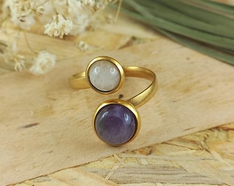 Gold-plated stainless steel ring - Natural amethyst and rose quartz stones