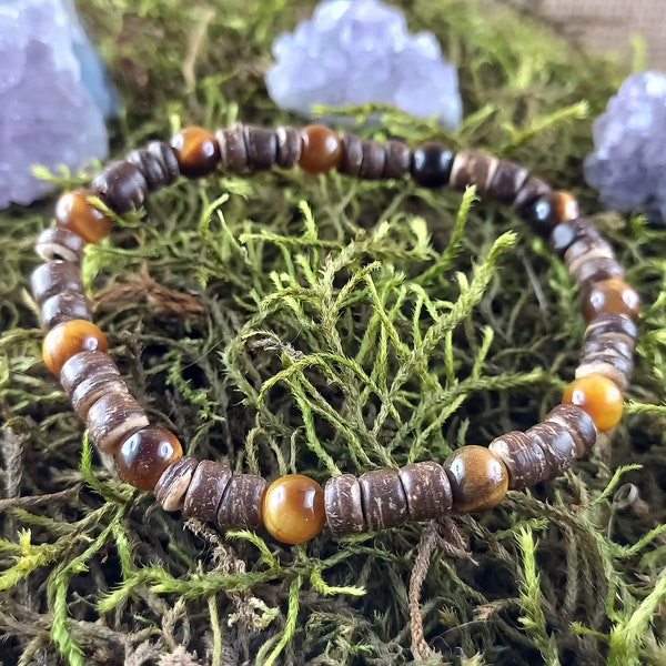 Bracelet bois et pierres naturelles - œil de tigre - Perles de coco - Chakra solaire