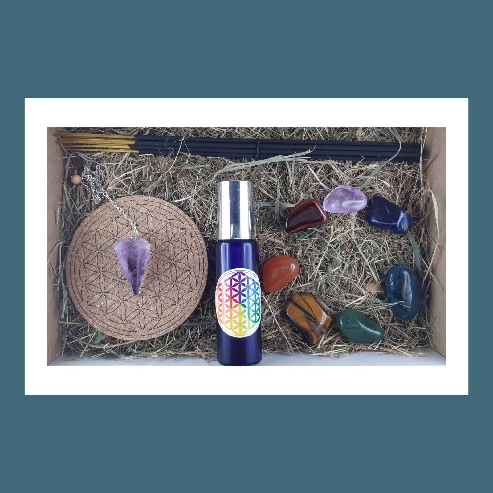 Coffret Bien-Être - Lithothérapie 7 Chakras Encens Dynamiseur Pendule Elixir de Purification