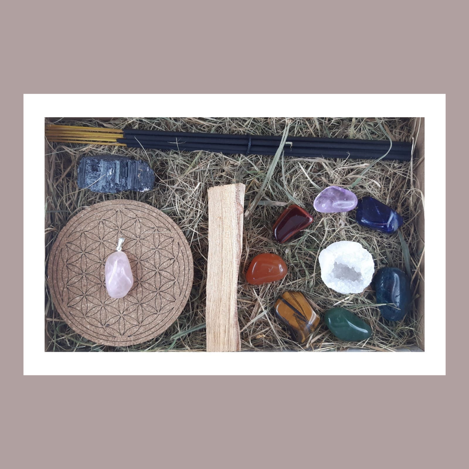 Coffret Bien-Être - Lithothérapie 7 Chakras Encens Dynamiseur Pendentif Palo Santo Tourmaline Quartz
