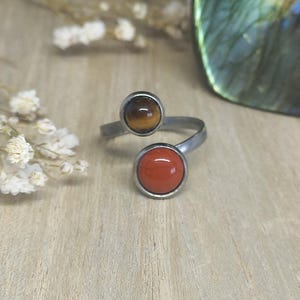 Silver stainless steel ring - Natural red jasper and tiger&#39;s eye stone