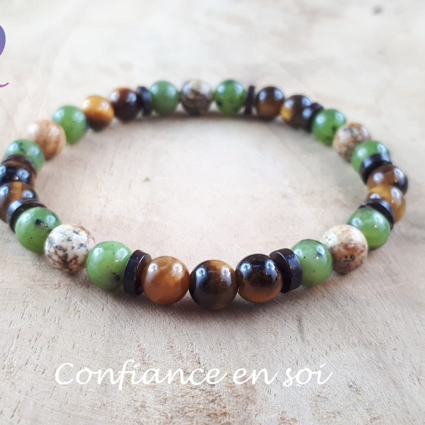 Confiance en soi - Bracelet en pierres naturelles 6mm d'Oeil de tigre - Jade néphrite - Jaspe paysage