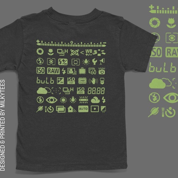 Camera Symbols T-Shirt, Photography T-Shirt, Gift for Photographers, T-Shirt for Camera Enthusiasts, Camera Collector Gift.