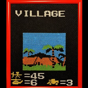 Operation Wolf &quot;Village Level Select&quot; (Hexaptych 2/6) - Nintendo NES Video Game Handmade Cross Stitch Framed Art