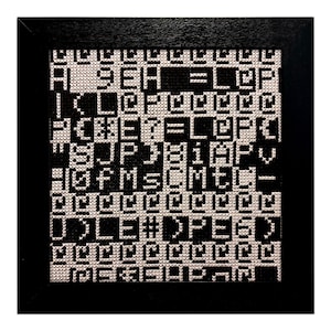 May include: Black and white framed artwork with a pixelated design of letters and symbols.
