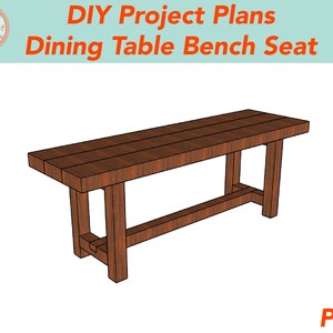 Puede incluir: Planos de proyecto DIY para un asiento de banco de mesa de comedor. Los planos est&aacute;n en formato PDF. La imagen muestra una representaci&oacute;n 3D de un asiento de banco de madera con un dise&ntilde;o simple.