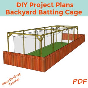 Puede incluir: Planes de proyecto DIY para una jaula de bateo de jardín. Los planes incluyen un tutorial paso a paso y están disponibles para descargar en PDF. La imagen muestra una representación 3D de la jaula de bateo, que está hecha de madera y tiene un cerramiento de red.