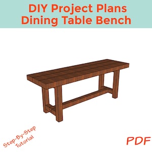 Könnte beinhalten: DIY-Projektpläne für eine Esstischbank. Eine 3D-Illustration einer Holzbank mit brauner Oberfläche. Die Pläne beinhalten eine Schritt-für-Schritt-Anleitung und sind als PDF-Download verfügbar.