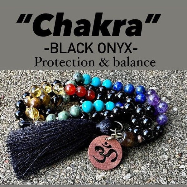 Chakra Protection & Energy Balance Mala Necklace - Vibrational Healing Stones - Black Onyx - AAA Gemstones - 108 Mantra Crystal Healing