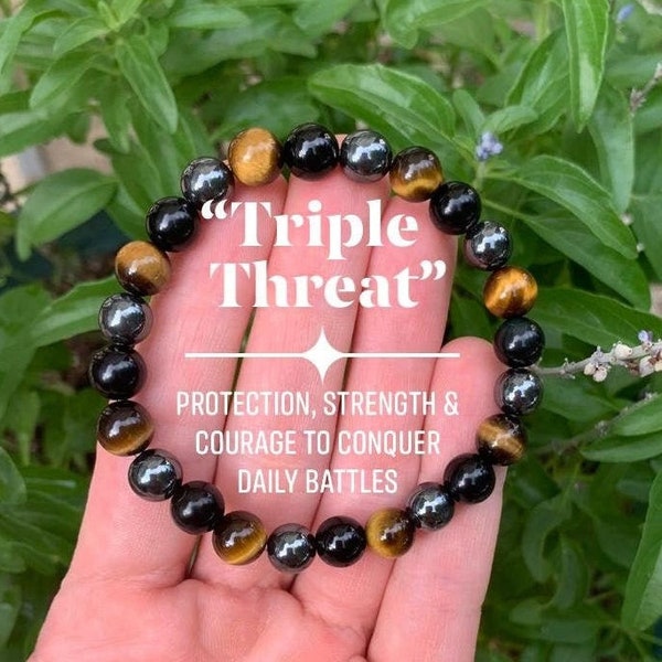 Protection Bracelet - Strength - Courage " Triple Threat " Aura Shield - Confidence - Anxiety Relief  - Crystal Healing Negativity Protector