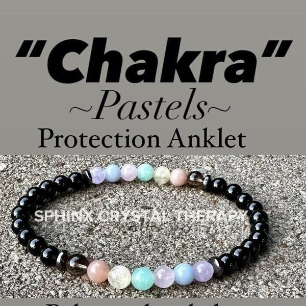 6mm Aura Protection Anklet - PASTEL Chakra Stones - Stress Anxiety Support - Strength Courage - AAA Black Onyx Crystal Healing Gemstones