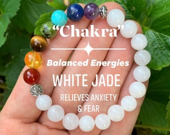 Chakra Balance - AAA High Grade White Jade - Calming Stress Relief - NO FEAR - Emotional Support - Real Crystal Healing Gemstone Bracelet