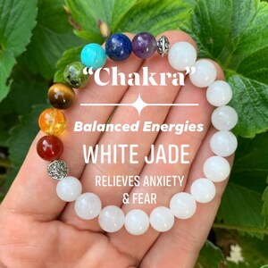 Chakra Balance - AAA High Grade White Jade - Calming Stress Relief - NO FEAR - Emotional Support - Real Crystal Healing Gemstone Bracelet