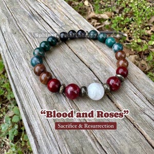 Christian Faith Bracelet • “Blood & Roses” • Sacrifice and Resurrection • Ruby Gemstone • Bloodstone and Moonstone