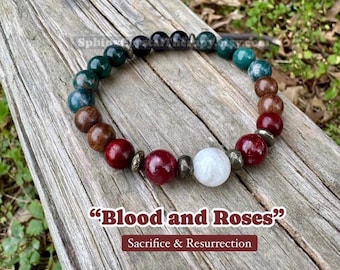 Christian Faith Bracelet • “Blood & Roses” • Sacrifice and Resurrection • Ruby Gemstone • Bloodstone and Moonstone