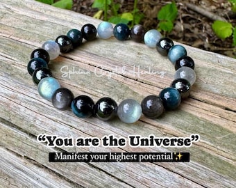 Self Empowerment - Strength & Courage " You are the Universe " AAA Blue Tigers Eye - Labradorite - Silver Obsidian Crystal Gemstone Bracelet