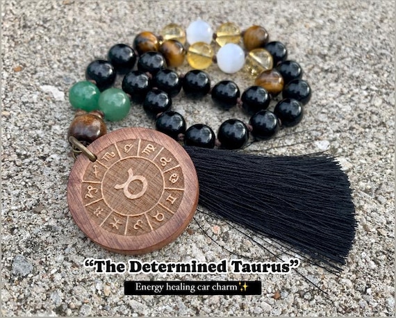 Taurus Energy Car Charm Zodiac Horoscope The Determined Taurus April  May Birthday Crystal Healing Rear View Mirror Mala Ornament