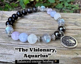 Aquarius Energy - Zodiac Astrology Bracelet " The Visionary, Aquarius " January February Birthday - Crystal Healing Gemstone Bracelet