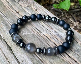 Triple Moon Goddess Energy - IMPERFECT Stones - Rare Black Moonstone - Hecate Spiritual Protection - Onyx  Jet - Crystal DISCOUNTED Bracelet