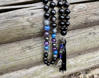 Evil Eye Lapis Lazuli Mala: Obsidian & Amethyst Protection Necklace (Imperfect Stones)