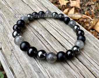 Onyx & Black Tourmaline Empath Protection Bracelet – Labradorite and Hematite - Wabi Sabi 8mm
