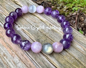 9mm Calming Protective Energy - IMPERFECT STONES - Stress Anxiety Support - DISCOUNTED Crystal Bracelet - Kunzite - Selenite - Amethyst