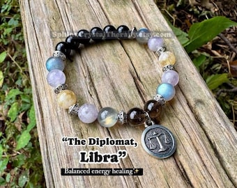 Libra Sign Energy - Zodiac Horoscope " The Diplomat , Libra " September October Birthday - Real Quality Gemstones - Crystal Healing Bracelet