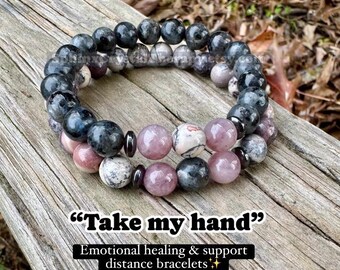 Distance Bracelet set - Rose Quartz & Labradorite - “Take My Hand” Emotional Support - Wabi Sabi - IMPERFECT Crystal Healing Gemstones