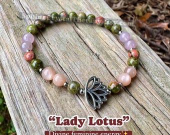 Lady Lotus • Self Love Bracelet • Unakite Peach Moonstone Rose Quartz • Feminine Energy Jewelry