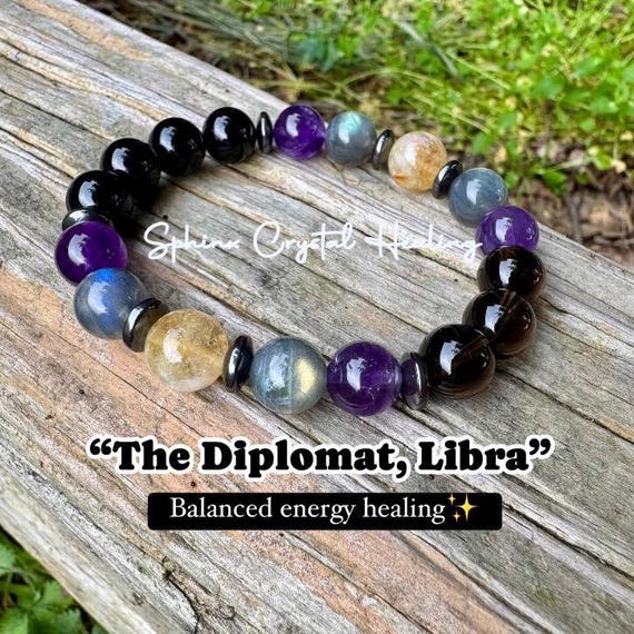 10MM Libra Energy - Unisex Zodiac Horoscope Bracelet - "The Diplomat, Libra" September October Birthday - Real Crystal Healing Gemstones